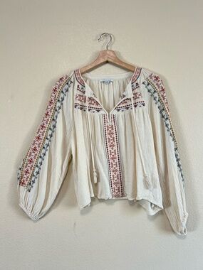 American Eagle Outfitters Cream Peasant Blouse with Red & Blue Embroidery